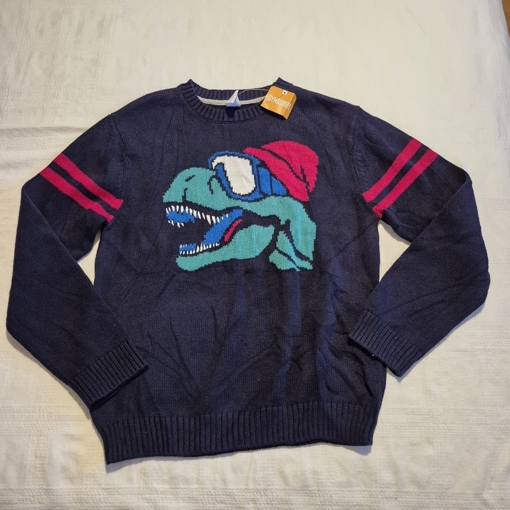 Gymboree boys size XL or 14 blue knit dinosaur in holiday hat sweater, New
